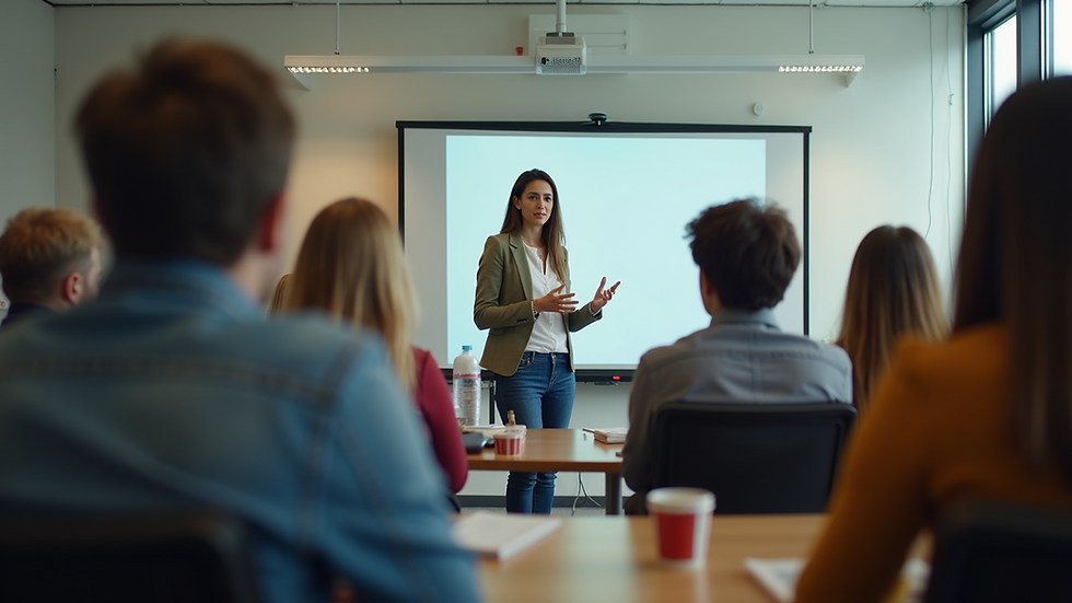 Eye-level view of a teacher conducting a workshop with engaged students