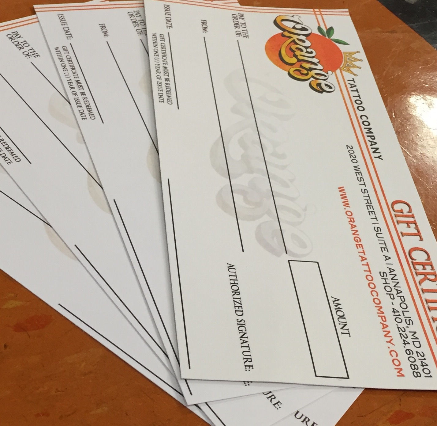 Orange Tattoo Company Gift Certificates