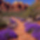 Please create a realistic photo of a personal retreat in Sedona with purple desert flowers