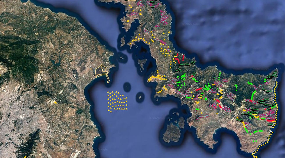 Στον χάρτη φαίνεται ξεκάθαρα, πάνω αριστερά το κωπηλατοδρόμιο του Σχινιά. Με κίτρινη γραμμή η προγραμματισμένη θέση για κατασκευή του αιολικού πάρκου, όπως παρουσιάζεται στο Γεωπληροφοριακό Χάρτη