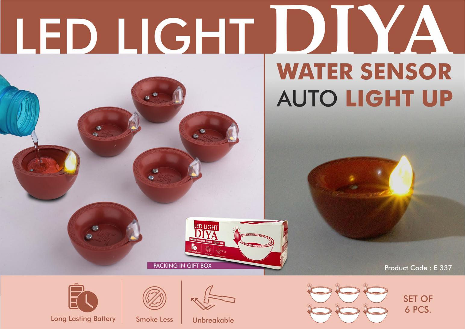 E337 – LED Light Diya Set Of 6 | Water Sensor Auto Light Up