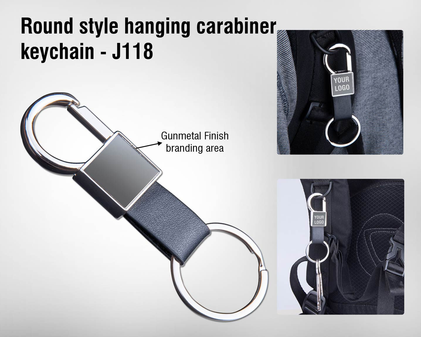 Round style hanging carabiner keychain (with PU strap) | Gunmetal finish J-118
