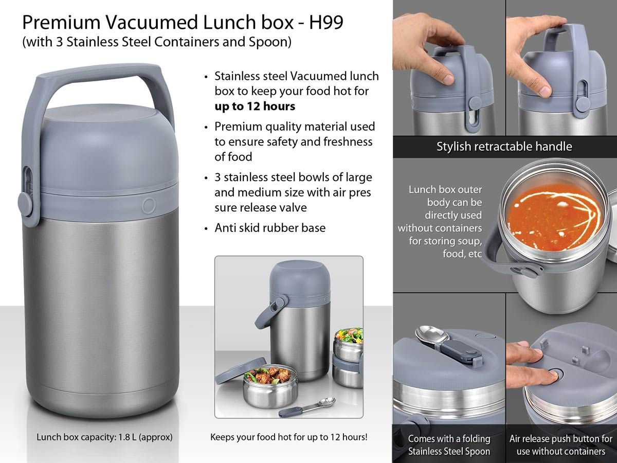 Premium SS Lunch box with 3 SS containers and spoon H-99