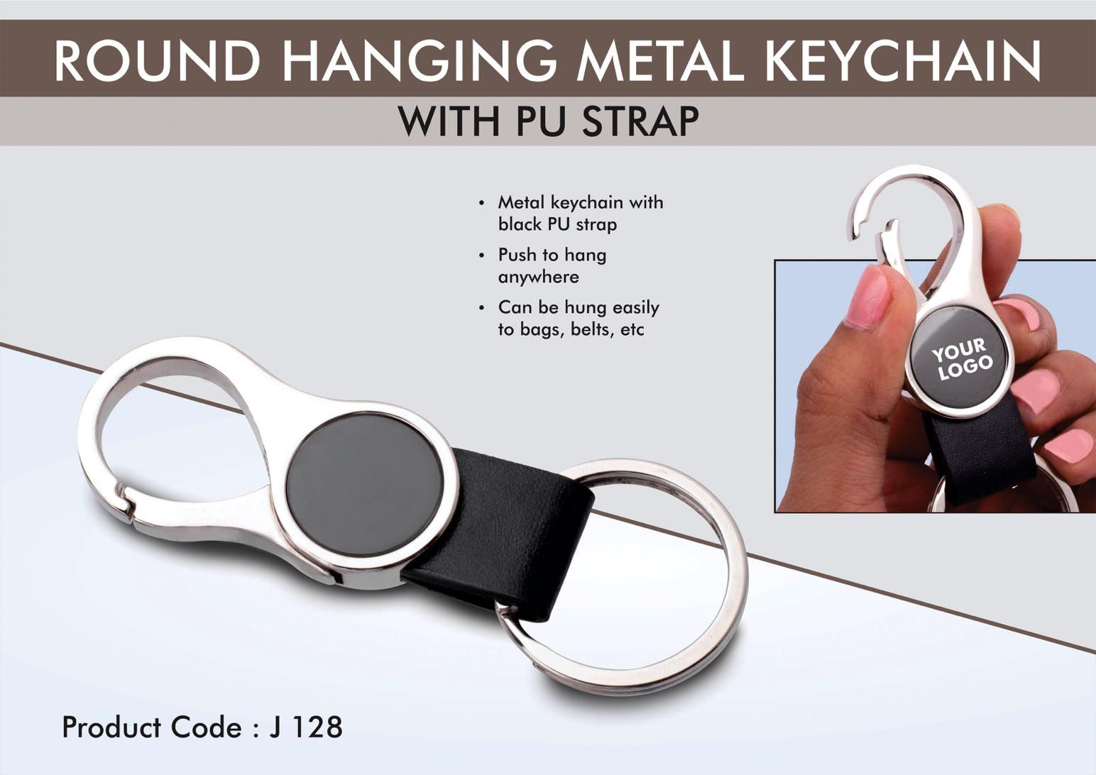 J128 – Round Hanging Metal Keychain With PU Strap
