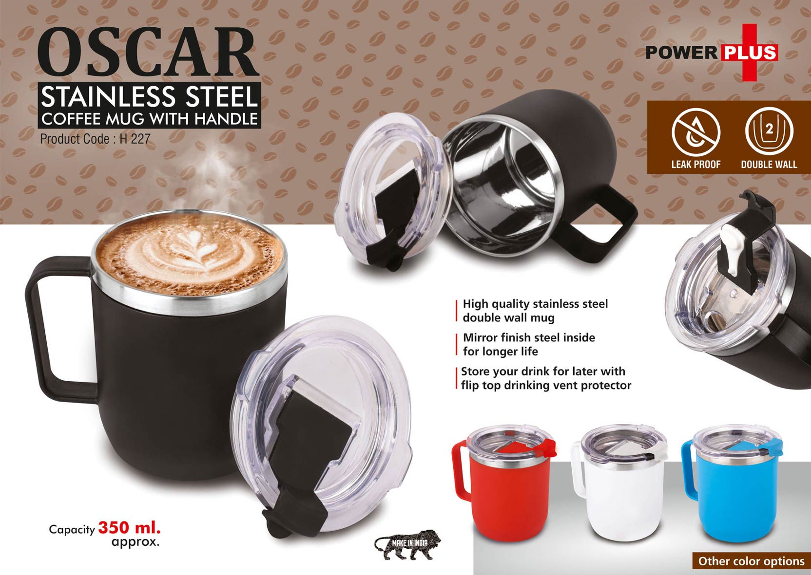 H227 – Oscar: Stainless Steel Coffee Mug With Handle | Premium Clear Cap