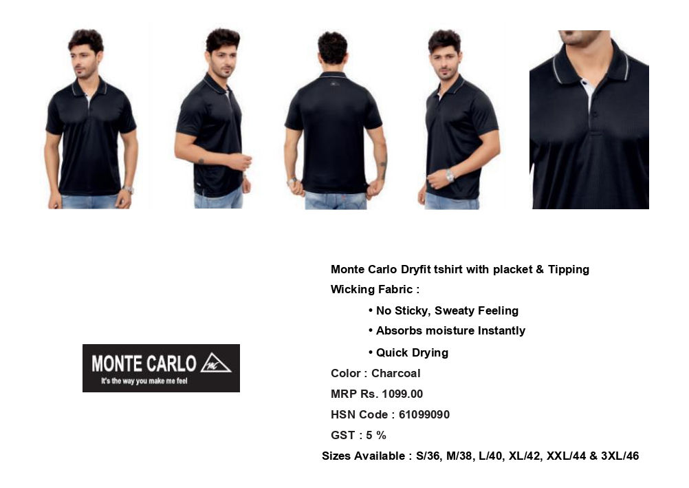 Monte Carlo Dryfit Tshirt with placket and Tipping Charcoal Color