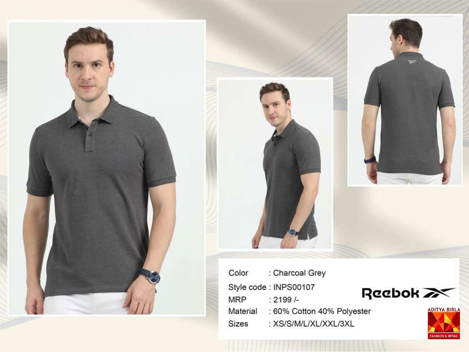 Reebok Men's Solid Regular Fit T-Shirt-CP PIQUE POLO - 60% COTTON 40% PO