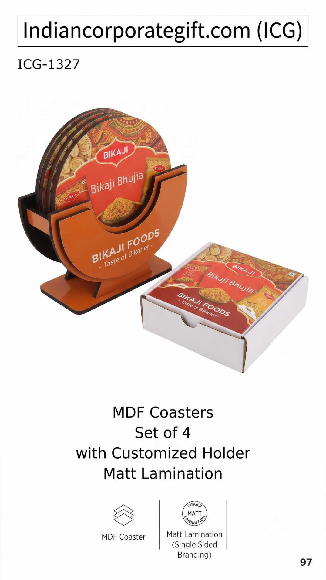 Wooden MDF Coasters Set of 4 ICG-1327 with Customized Stand and Box by ICG