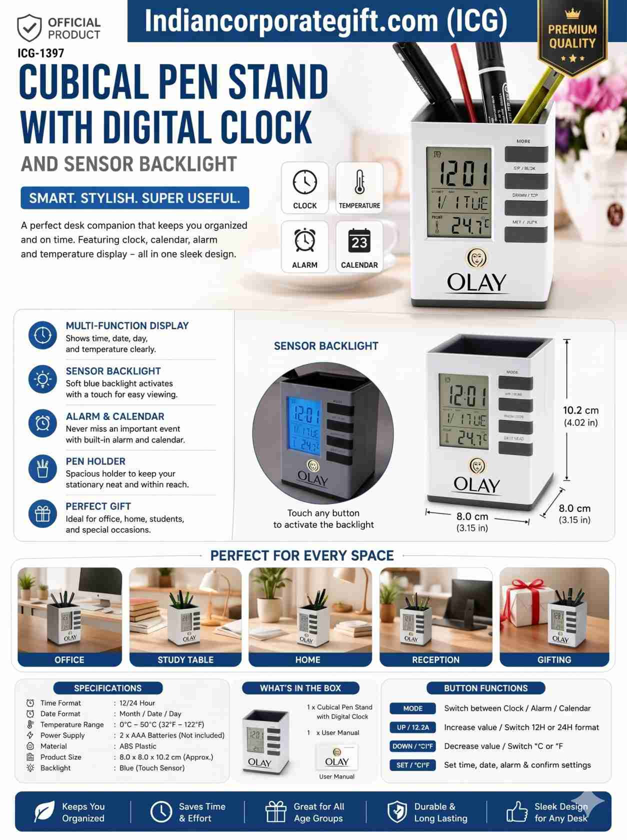 Cubical Pen Stand with Digital Clock and Sensor Backlight ICG-1397