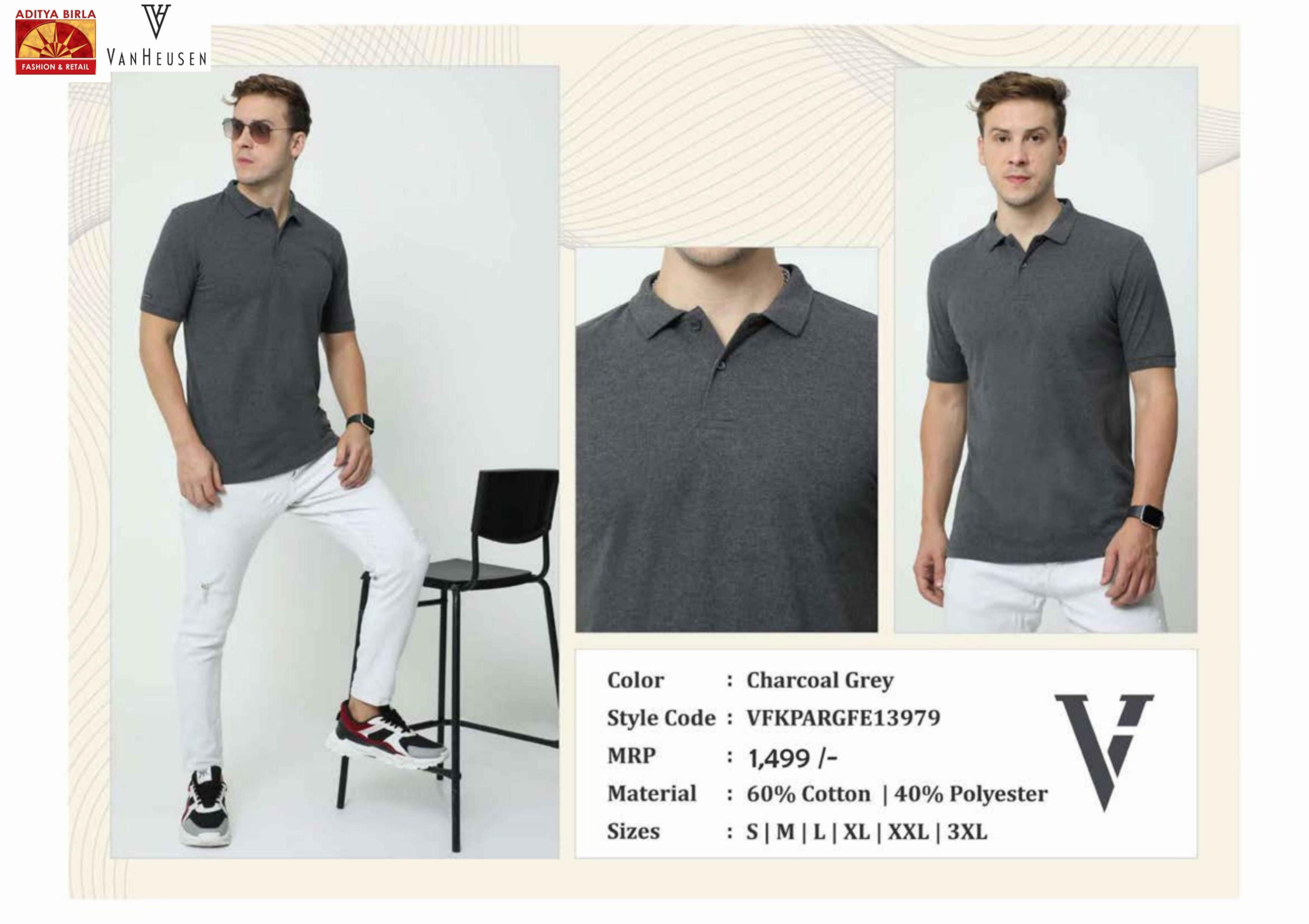 Van Heusen Men's Solid Regular Fit T-Shirt-Charcoal Grey