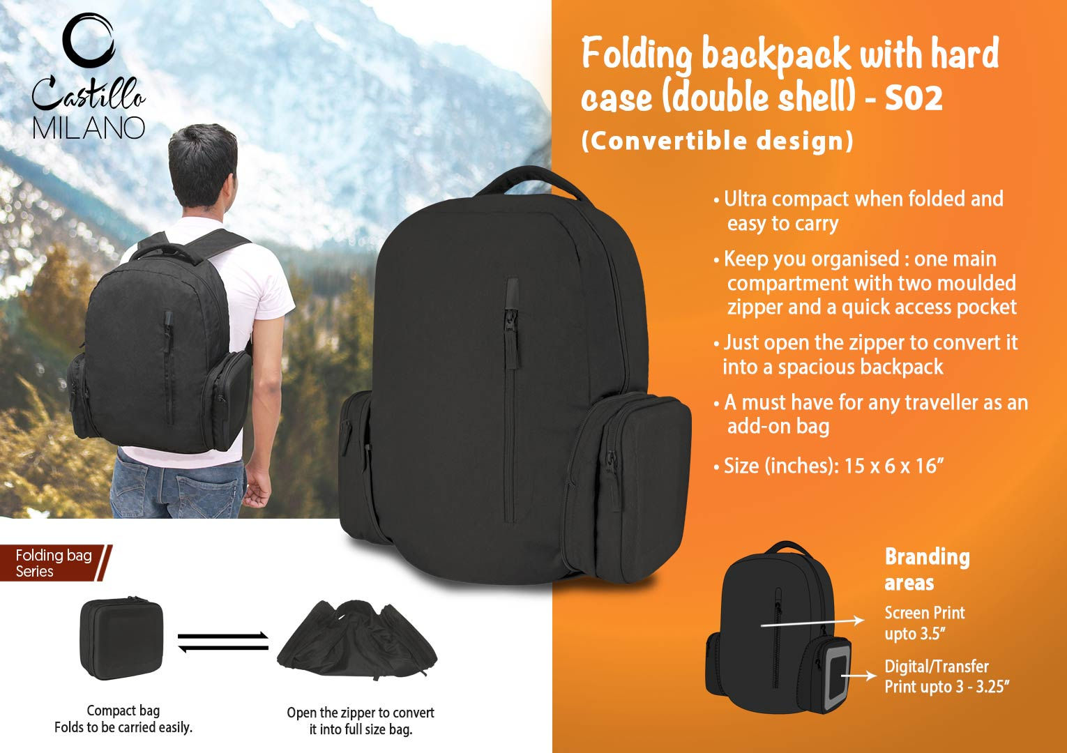 Folding backpack with hard case (double shell) by Castillo Milano S-02
