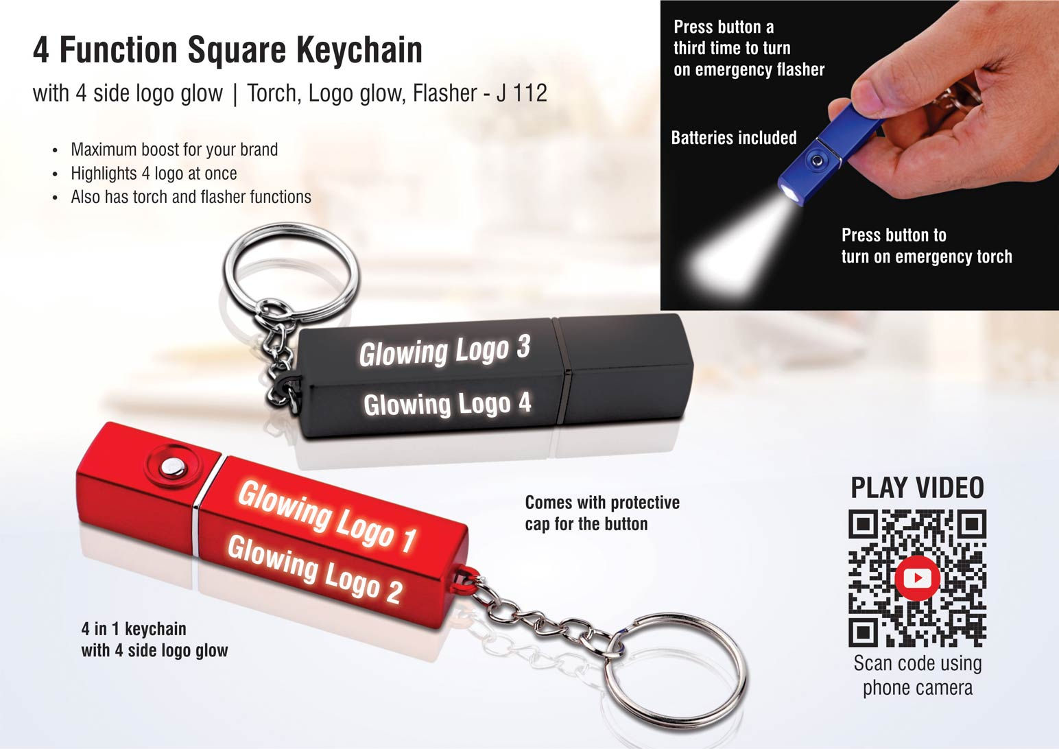 PowerGlow 4 in 1 square keychain with 4 side logo glow J-112