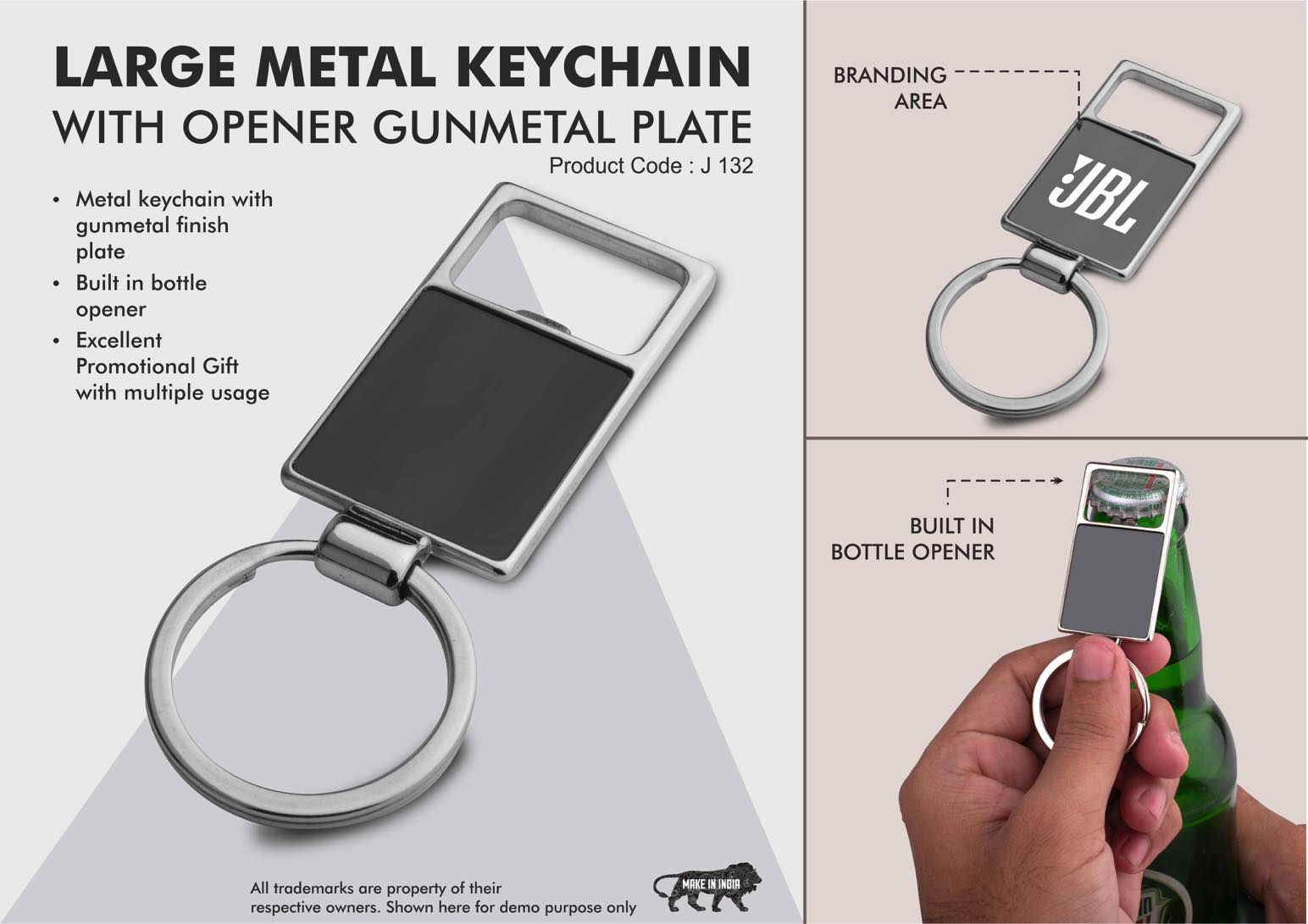 J132 – Large Metal Keychain With Opener | Gunmetal Plate