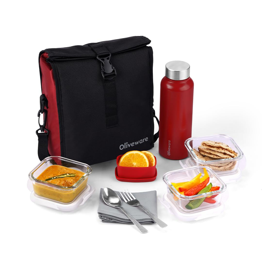 SOPL-OLIVEWARE Crystal Lunch Box with Steel Cutlery, BPA Free Lids, 3 Microwave