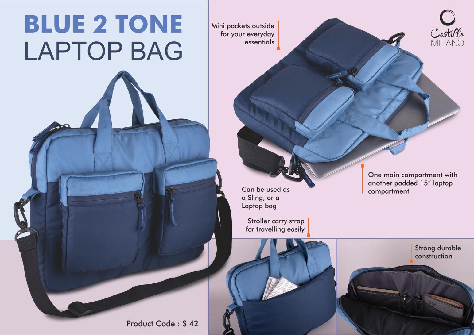 S42 – Slim 2 Tone Laptop Bag Double Outside Pockets