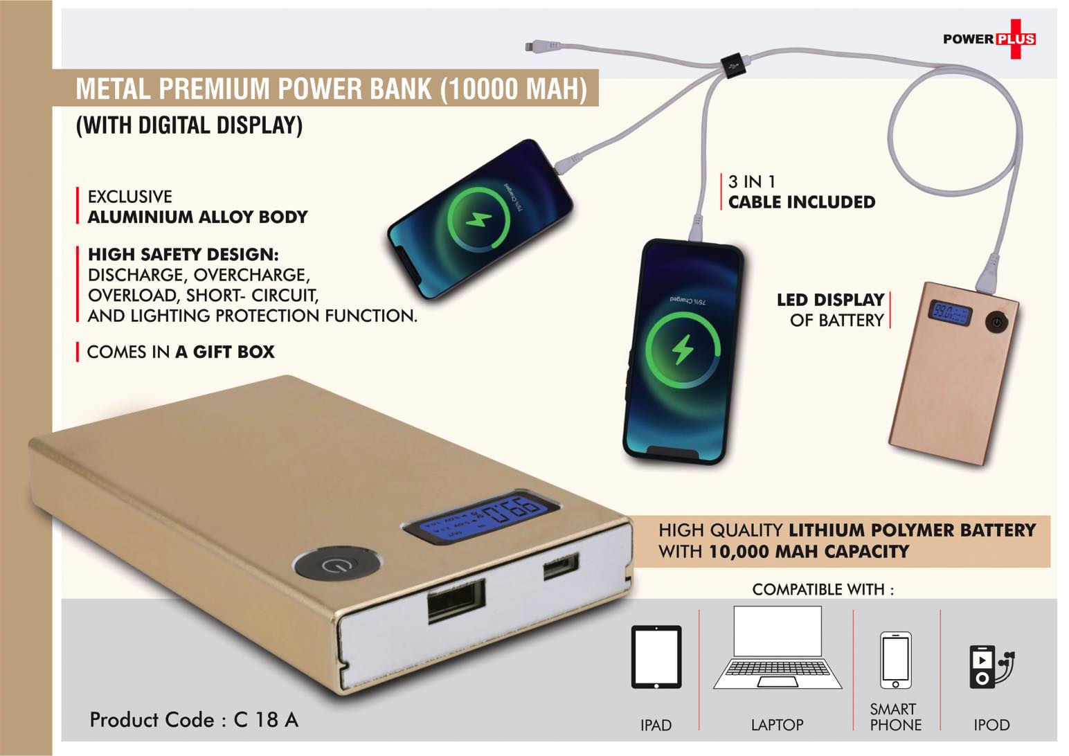 C18a – Magic Box Premium Power Bank (10000 MAh) (In-Built Cables)