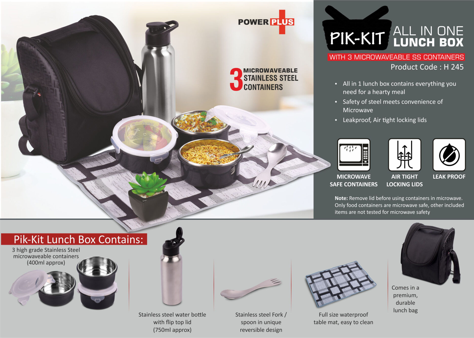 H245 – PIK-KIT: All In 1 Lunch Box With 3 Microwaveable SS Containers
