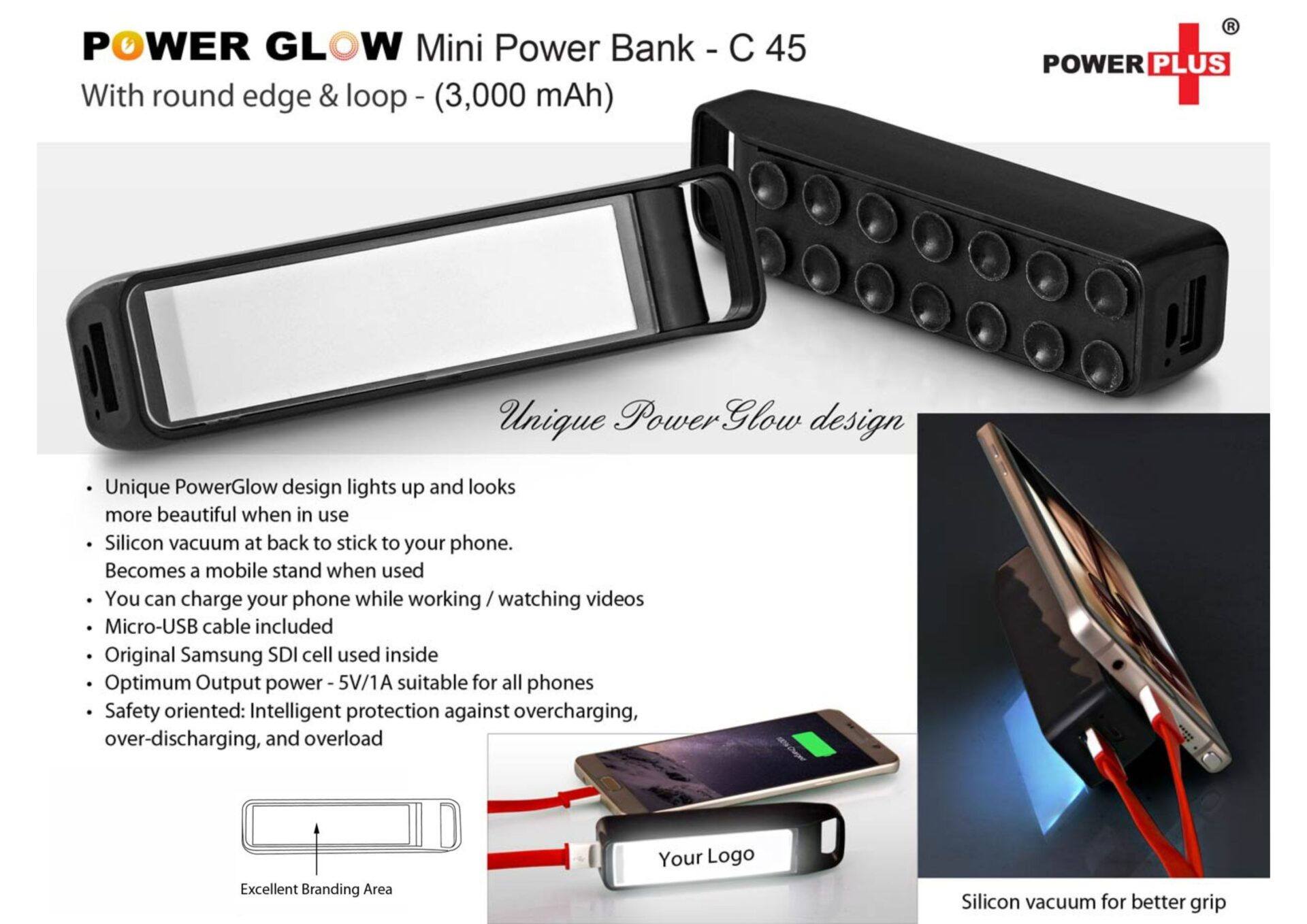 C45 – PowerGlow Round Edge ‘Mini’ Power Bank With Loop (3,000 MAh)