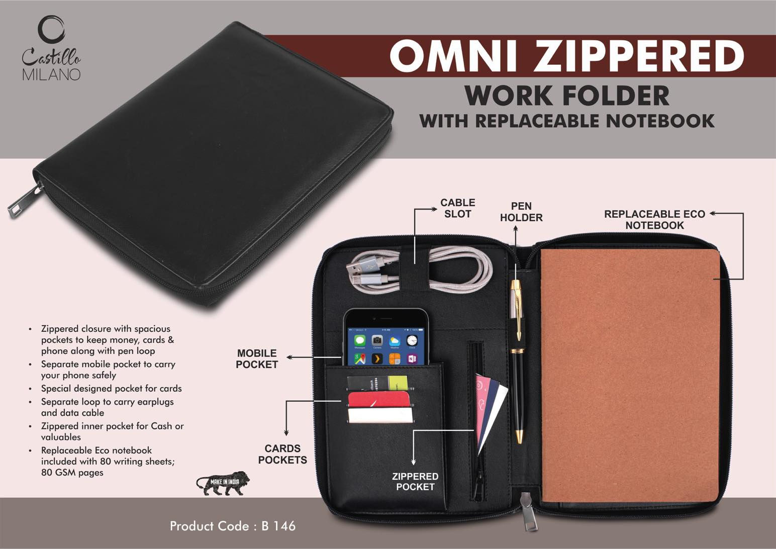 B146 – Omni Zippered Work Folder With Notebook | Pockets For Cards, Phone, Pen