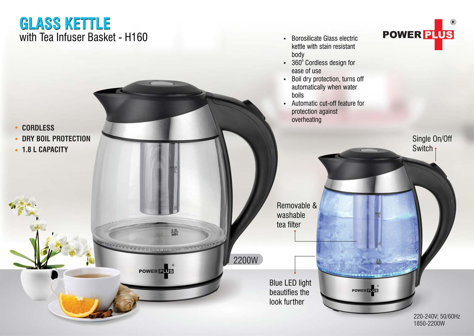 H160 – Glass Kettle With Tea Infuser Basket & LED Illumination