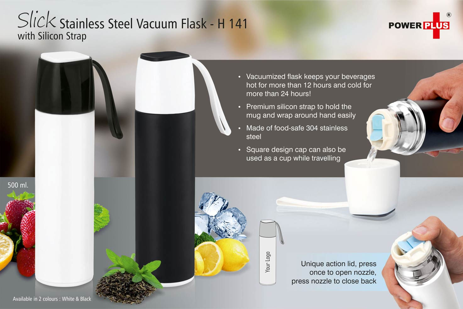 Slick Stainless Steel Vacuum Flask with silicon strap (500 ml) H-141