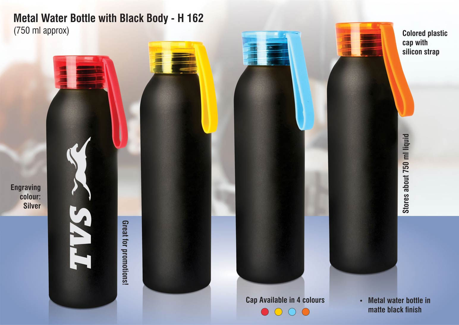 Metal water bottle with black body (750 ml approx) H-162