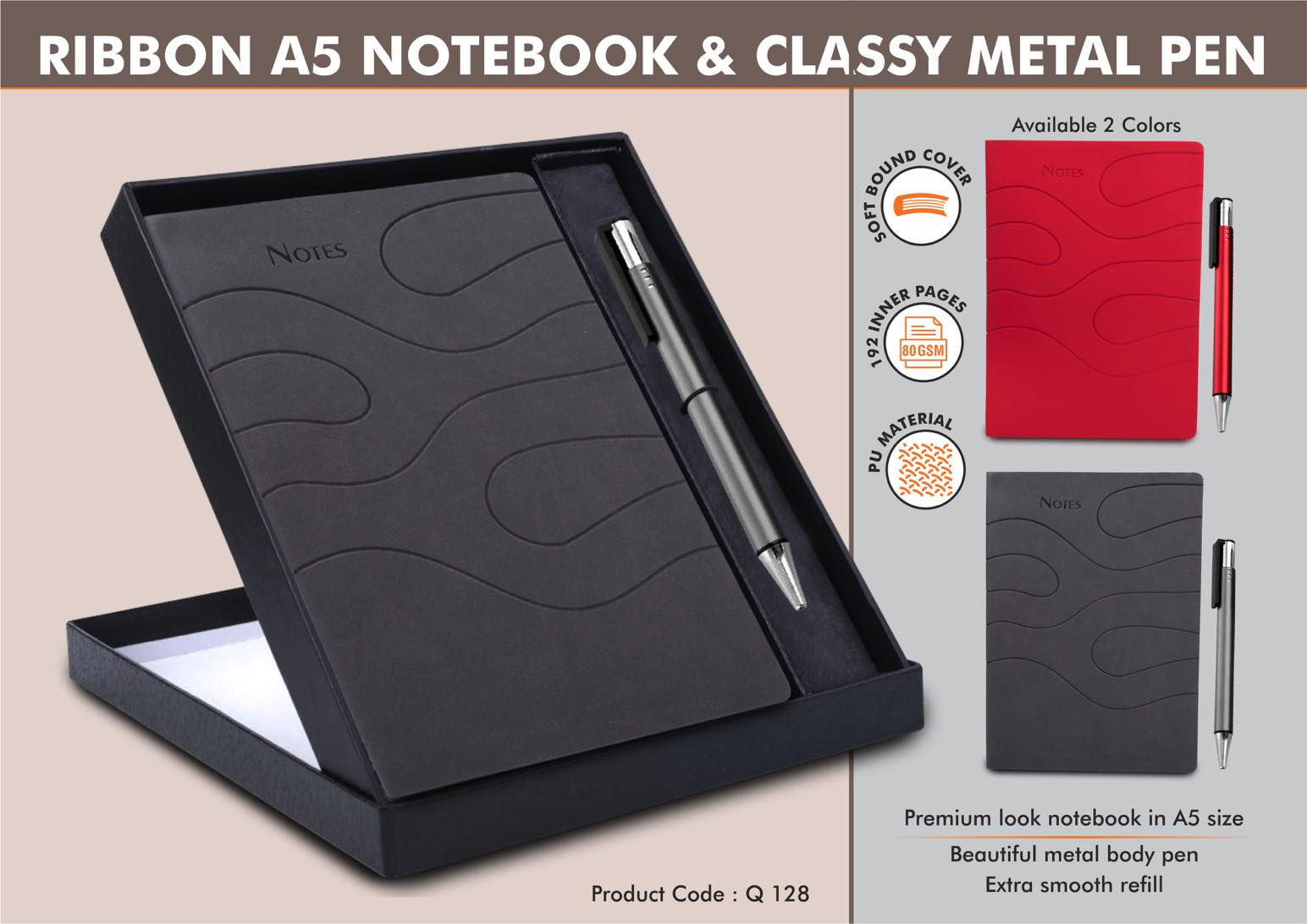 Q128 – Ribbon Notebook Gift Set: A5 Ribbon Notebook With Classy Metal Pen