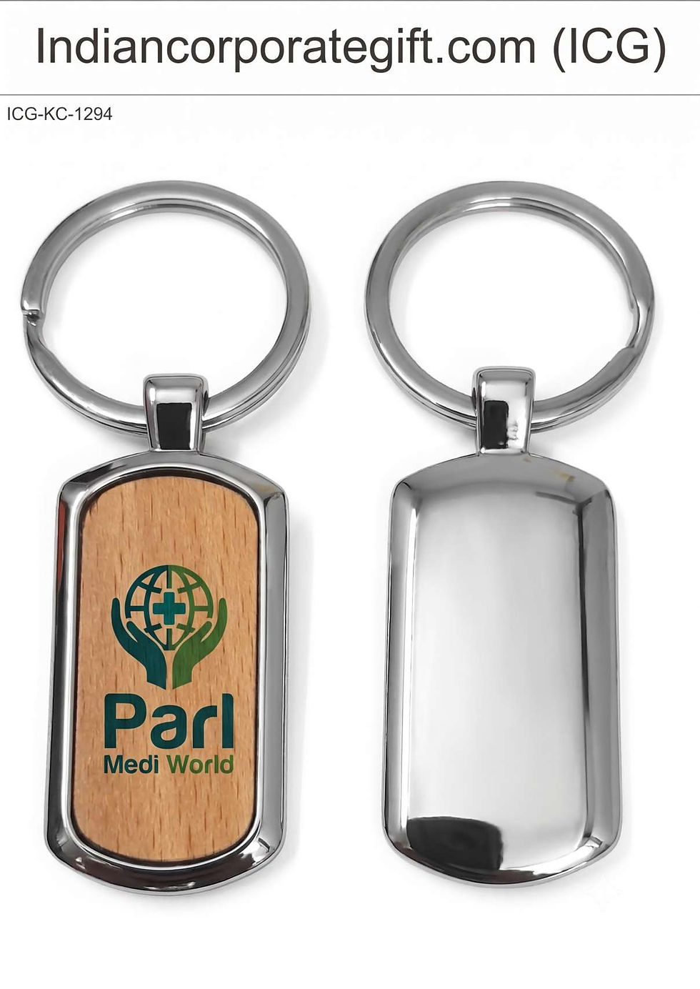 Rectangular Wooden Metal Keychain ICG-KC-1294 with High-Gloss Chrome Finish