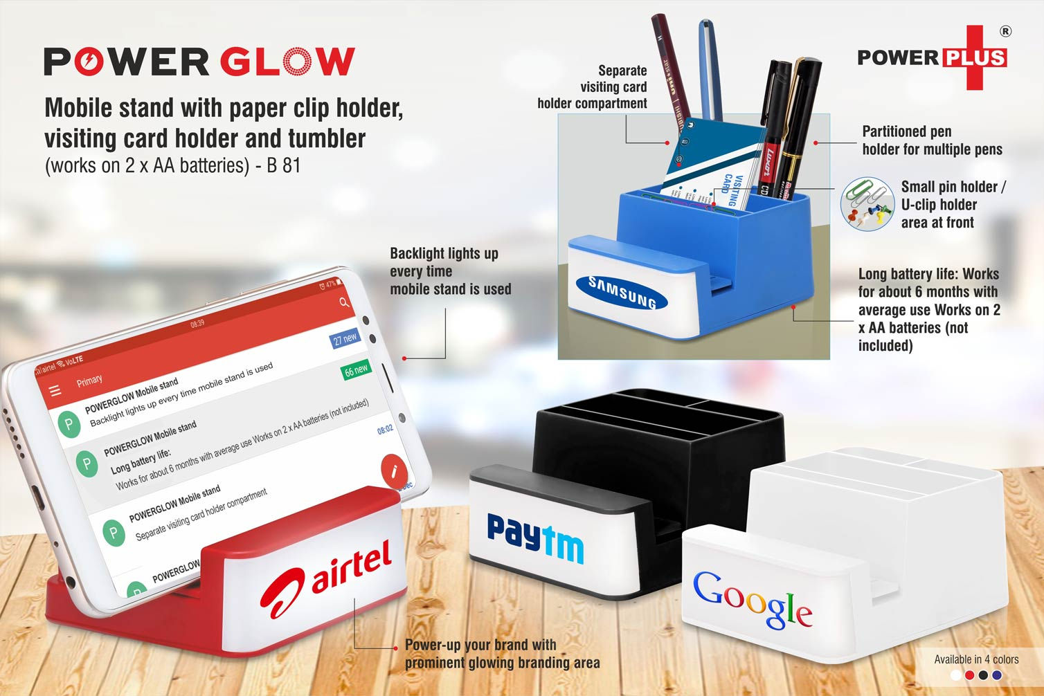 B81 – Powerglow Mobile Stand With Paper Clip Holder, Visiting Card Holder