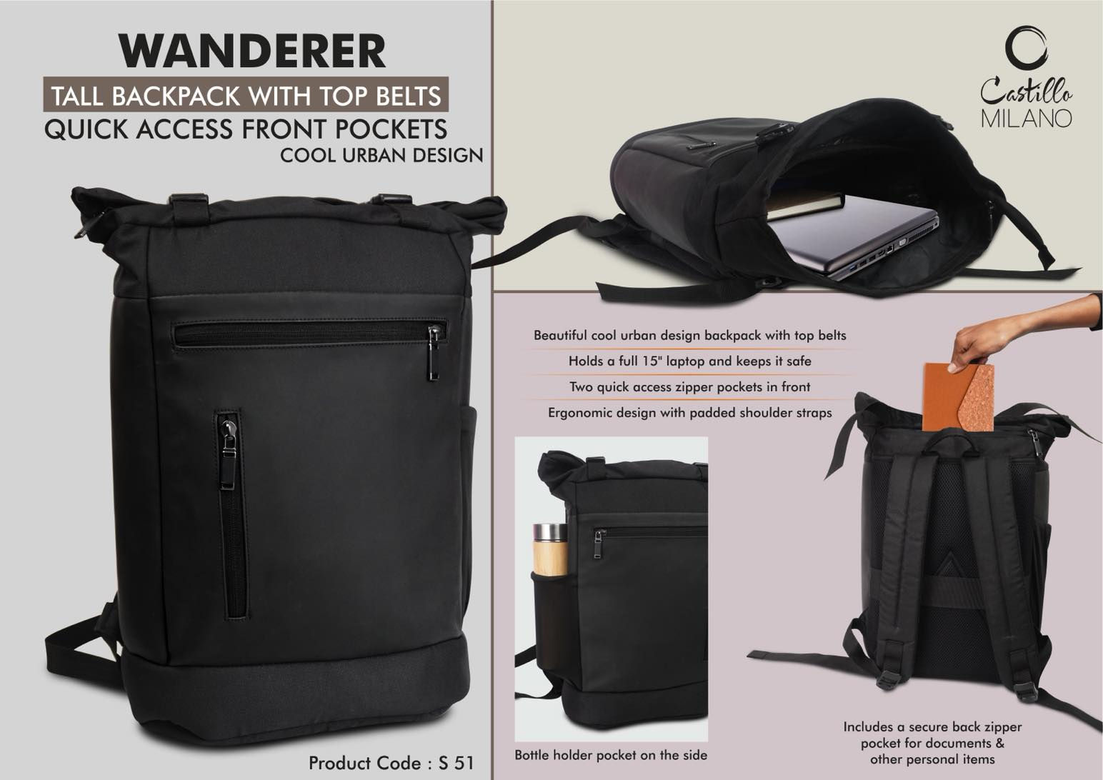 S51 – Wanderer: Tall backpack with Top belts | Quick access front pockets....
