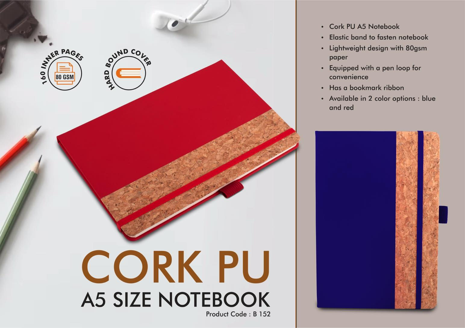 B152 – PU Cork Notebook with Elastic Fastener | 160 inner pages