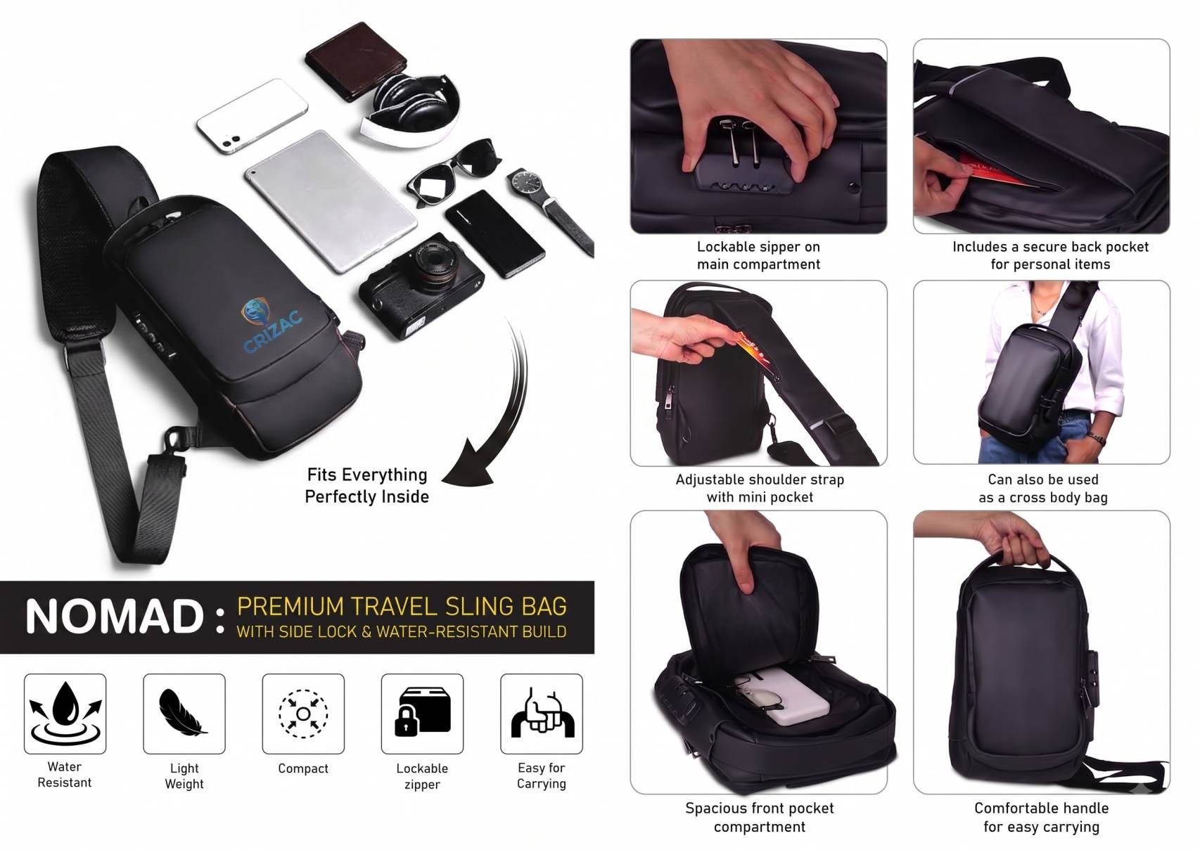 Anti-Theft Water-Resistant Premium Travel Sling Bag CI-IMP-1191 by ICG