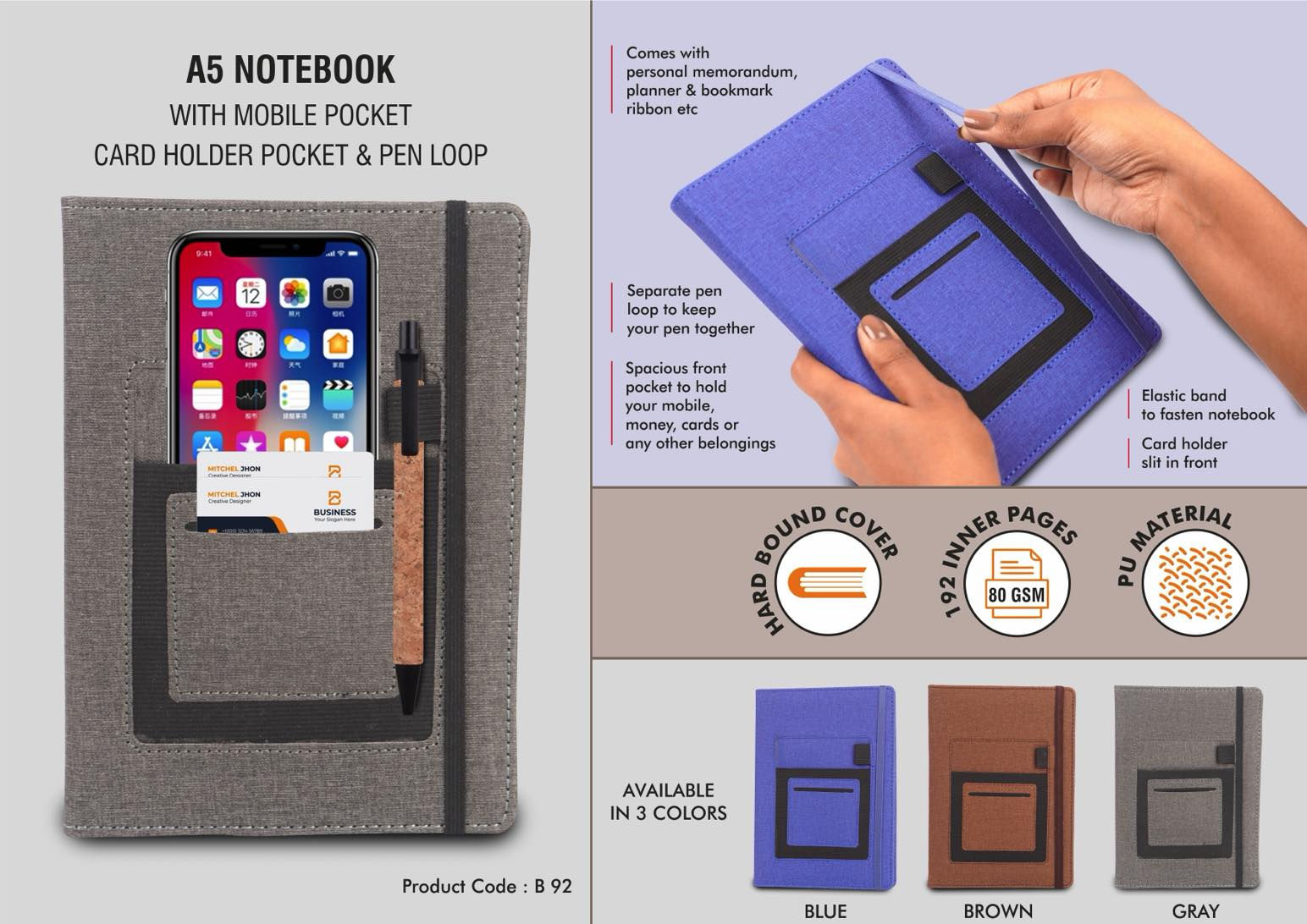B92 – A5 notebook with mobile pocket, card holder pocket & pen loop
