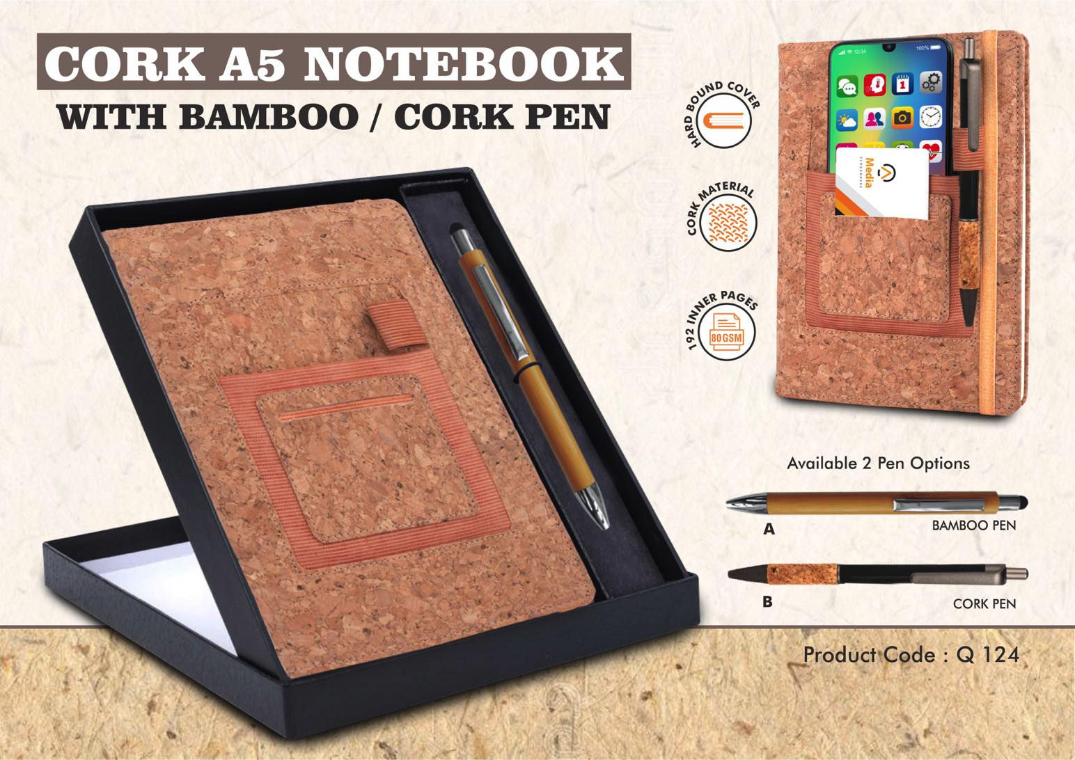 Q124 – Notebook Gift Set Eco: Cork A5 Notebook With Bamboo / Cork Pen