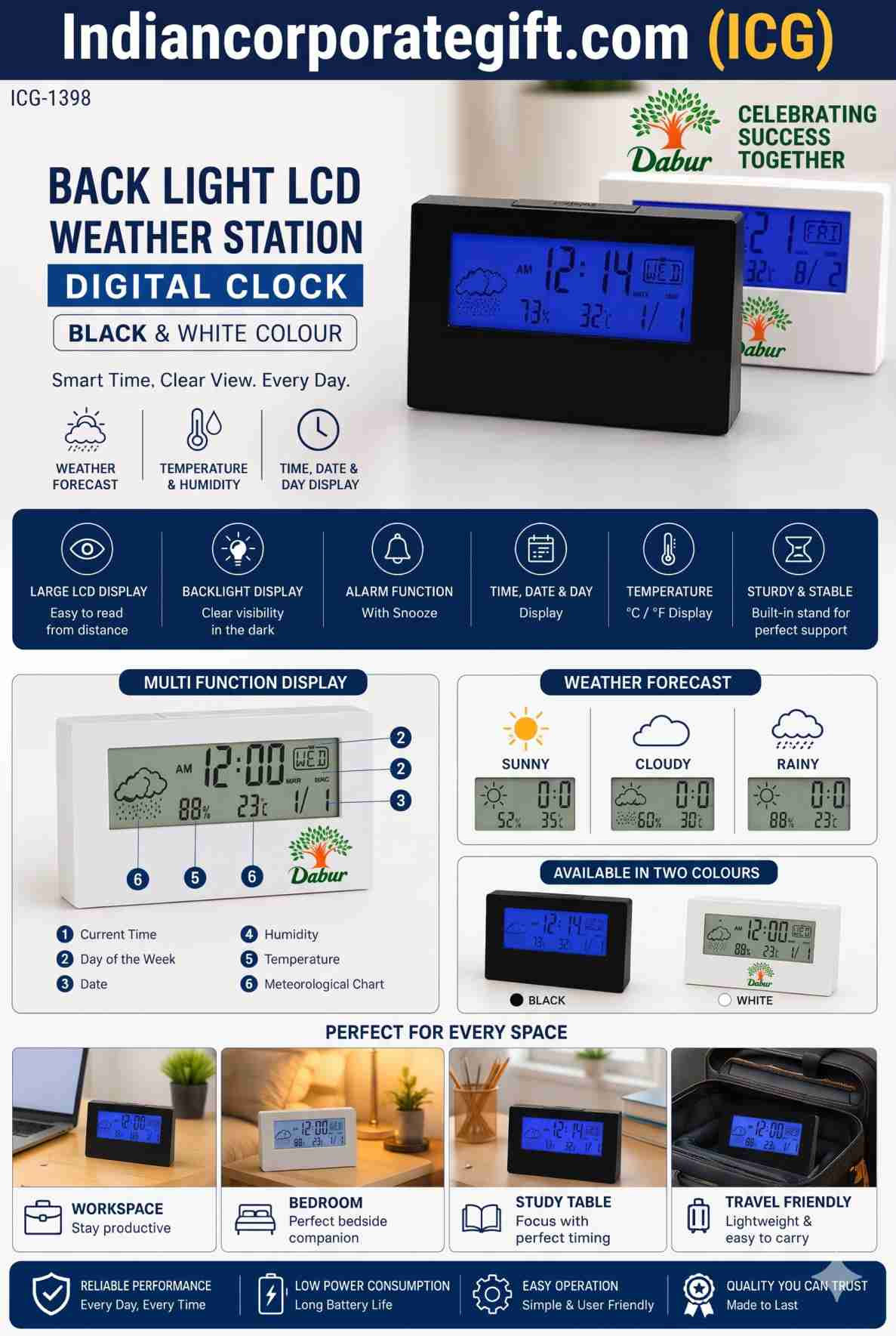 Backlight LCD Weather Station Digital Clock ICG-1398 with Temperature