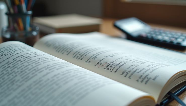 Close-up view of an economics textbook open on a desk with notes and a calculator