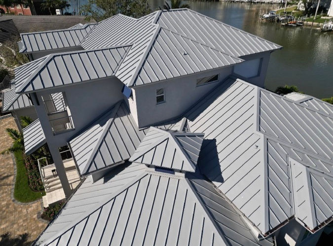 Close-up of standing seam metal roofing panels in Naples Florida