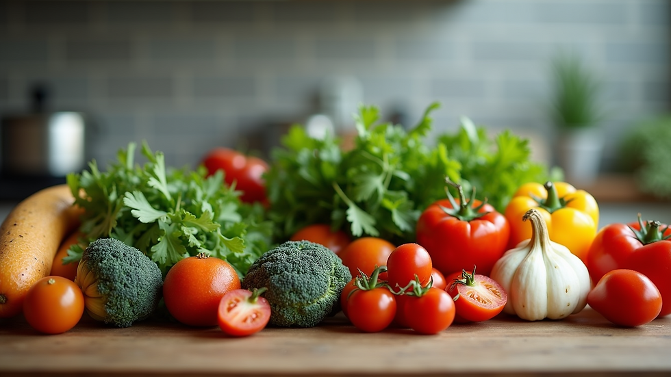 High angle view of a kitchen counter with fresh ingredients ready for cooking