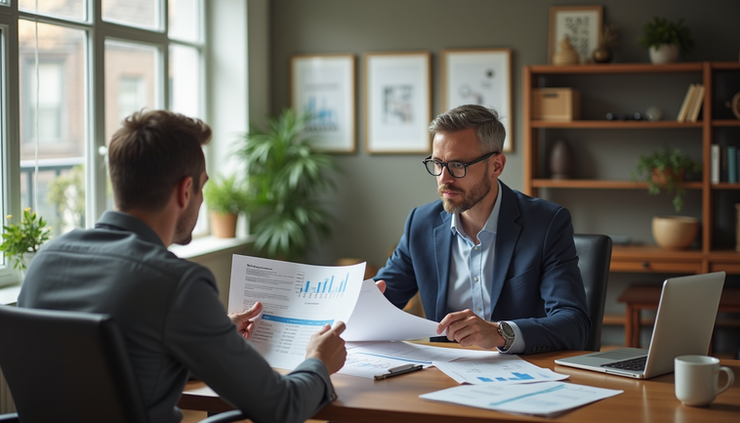 Eye-level view of a financial advisor explaining retirement options to a business owner