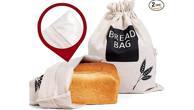 2 X Bread Bags for Homemade Bread - Plastic Lined, Reusable Linen Cloth Saver Bag For Sourdough & Homemade Bread Storage
