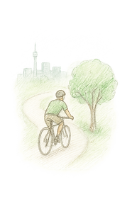 Radfahrer fährt in die Stadt Zeichnung
