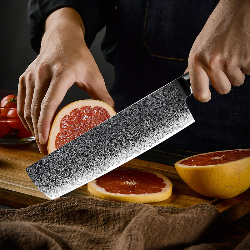 Thumbnail: 170mm Damascus Nakiri knife with AUS-10 steel blade and black G10 handle on dark background