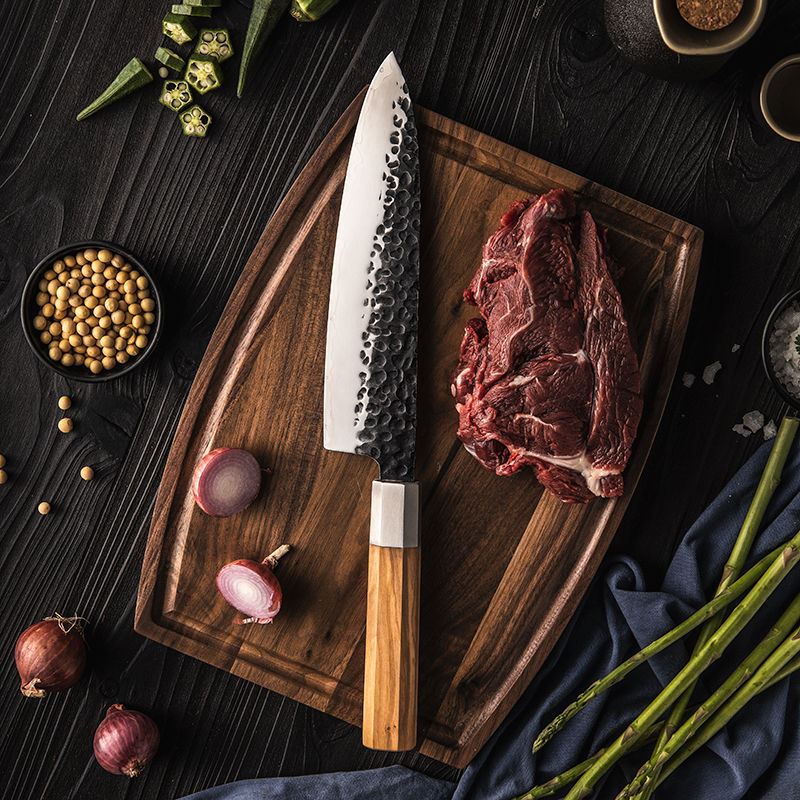 Thumbnail: 200mm Japanese kitchen chef knife with AUS10 Damascus blade and polished olive wood handle – Toschka