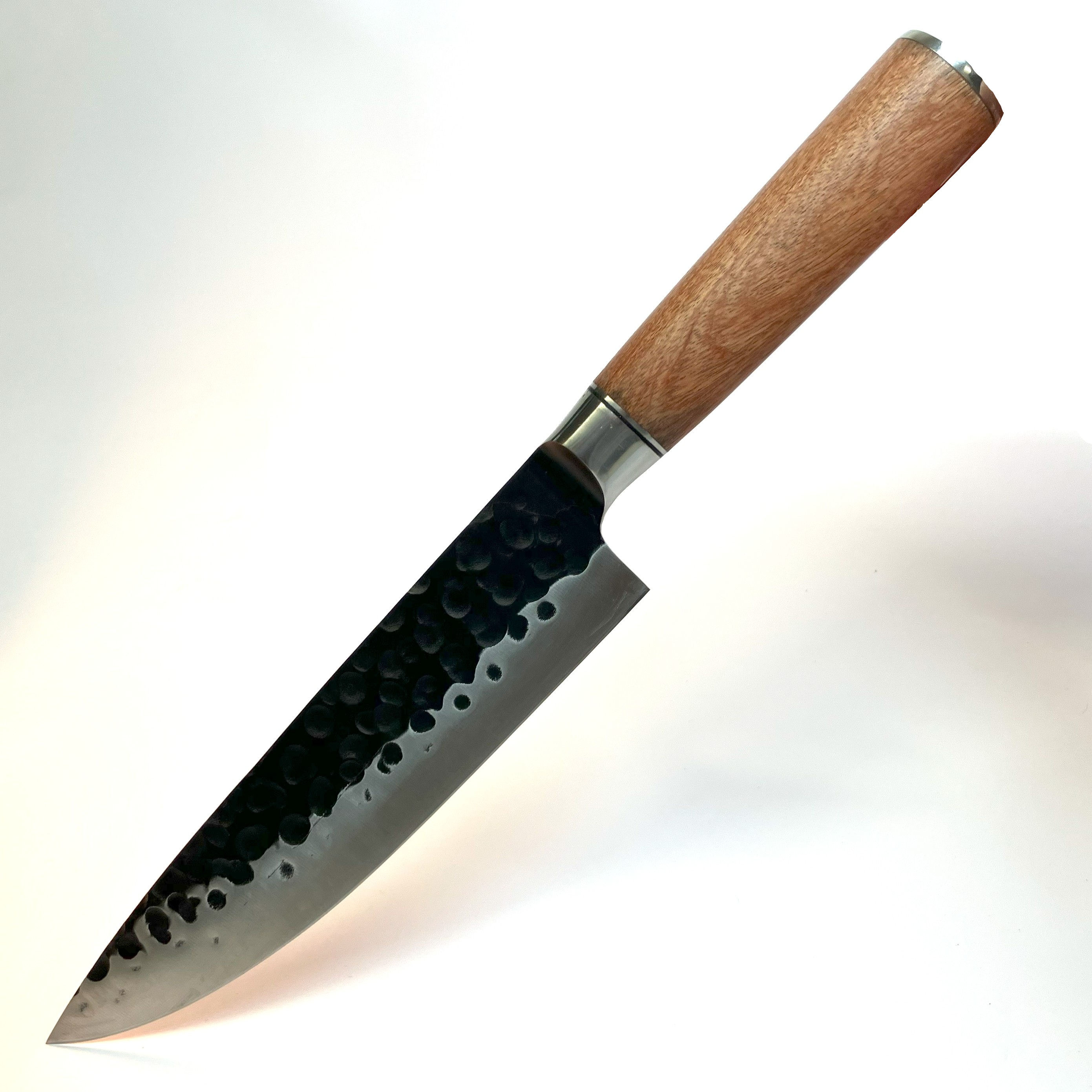 Hand-forged 200mm high carbon steel chef knife with a hammered blade and polished wooden handle – Toschka