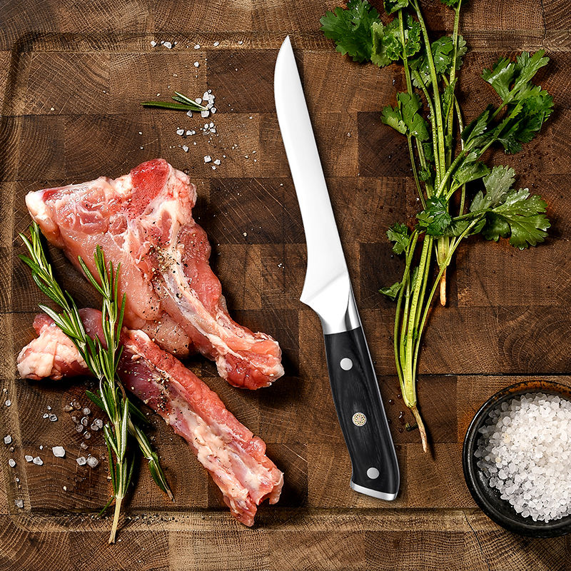 Thumbnail: 190mm German 4116 steel boning knife with curved blade and Pakka wood handle – Toschka