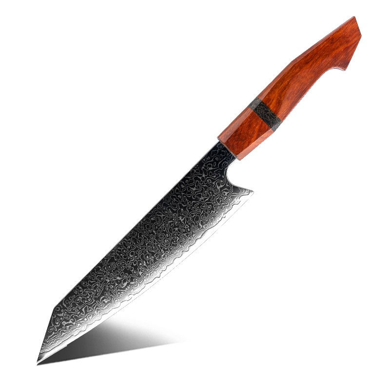 Thumbnail: 67-layer Damascus Kiritsuke knife with 187mm blade and sandalwood handle, designed for versatile slicing with a flat edge and