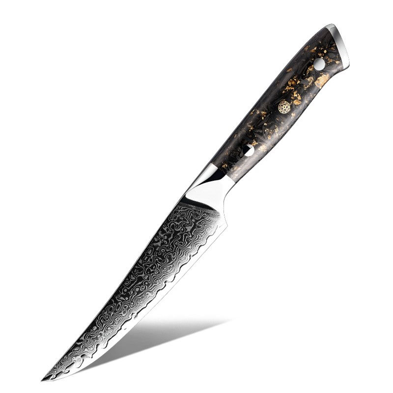 Thumbnail: 4-piece steak knife set featuring 120mm 67-layer Damascus steel blades and carbon fibre handles with gold foil resin
