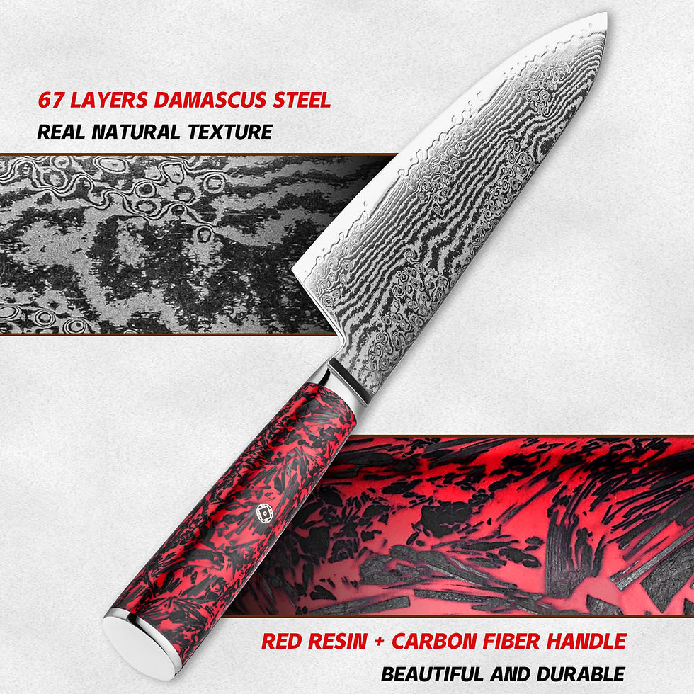 Thumbnail: 6-piece kitchen knife set with 67-layer S35VN Damascus steel blades and red carbon fibre handles – Toschka