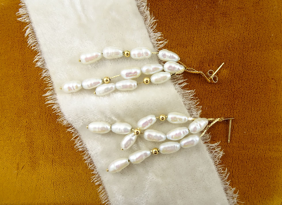 Thumbnail: Vintage Dainty 14K Yellow Gold Triple Tiered Rice Pearl Dangle Earrings 7.2g