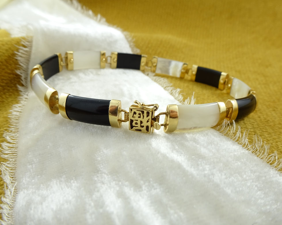 Thumbnail: Vintage 10k Yellow Gold Black Onyx & Mother of Pearl 7.5" Formal Panel Bracelet
